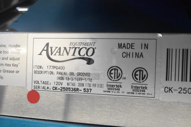 Avantco 177PG400 stainless steel dual panini grill, brand new, grooved plates, 19 5/8" x 9 1/8" surface, 120V, 1 phase.
