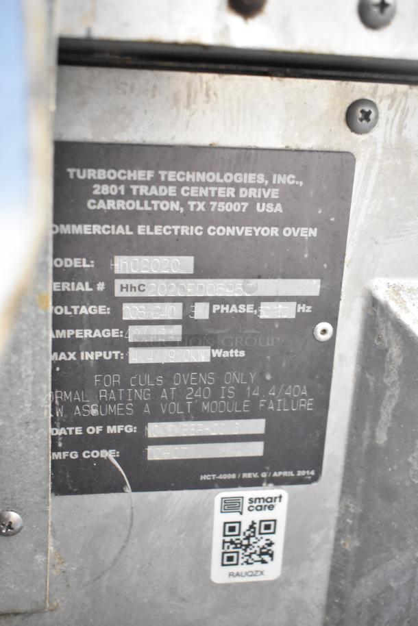 Turbochef HhC2020 Stainless Steel Electric Conveyor Oven tag; model, voltage, and serial details visible.