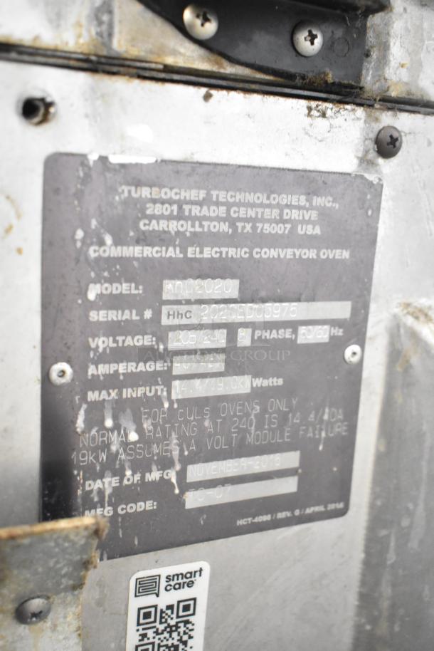 Turbochef HhC2020 electric conveyor oven label, showing model, serial number, voltage, and specifications.