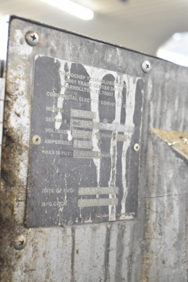 Turbochef HhC2020 stainless steel conveyor oven tag, 208/240V, 3-phase, February 2016 manufacturing date, commercial use.