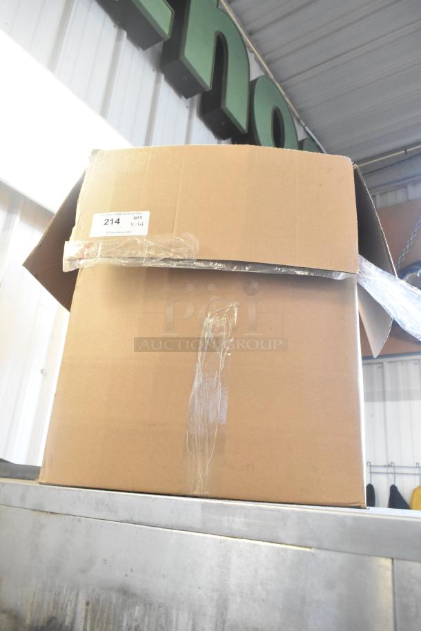 Cardboard box labeled "214 QTY V-4," taped shut. Contains assorted items including cups, straws, lids.