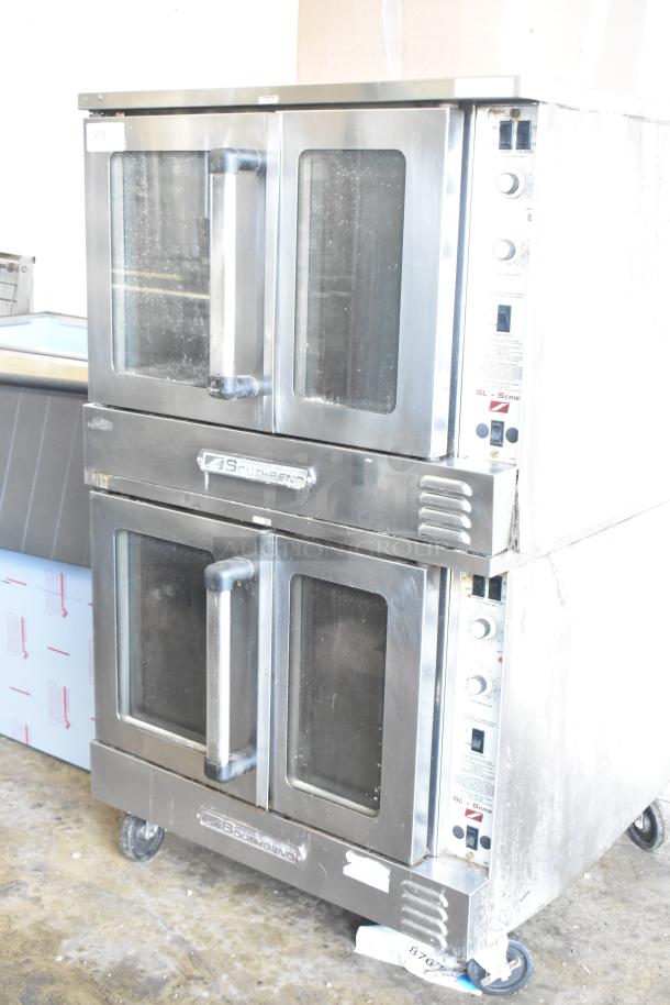 Southbend SL Series stainless steel commercial convection oven, dual view doors, thermostatic controls, on casters.
