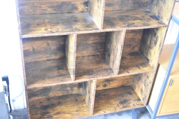 Wooden bookshelf with multiple compartments, rustic finish; part of a two-item set with a wood pattern 2-tier stand.