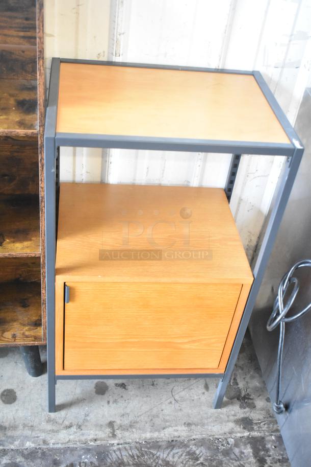 Wooden bookshelf and wood-patterned 2-tier stand with door; sturdy condition; lightly used; auction includes both pieces.