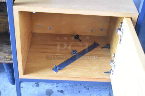 Wooden book shelf and 2-tier wood pattern stand with door. Shows interior and hardware. Ideal for home storage.