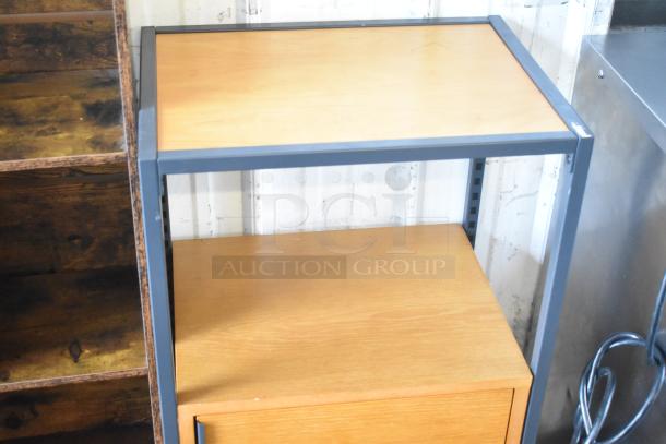 Wooden bookshelf and two-tier stand with door; wood pattern finish; used; sturdy and functional design.