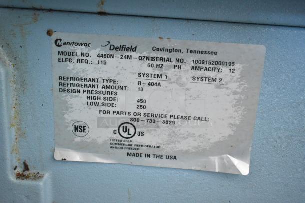 Delfield 4460N-24M-QZN stainless steel prep table label, 115 volts, 1 phase, R-404A refrigerant, NSF certified, made in USA.