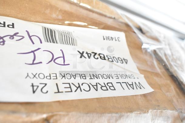 BRAND NEW Regency 460BB24X 24" Wall Mount Bracket for Black Epoxy Wire Shelving, scratch and dent, original packaging shown.