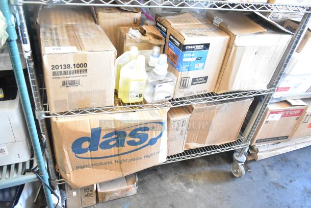 Two-tier shelving with Coastwide glass cleaner, filters, and pH neutral floor cleaner, all in original boxes.