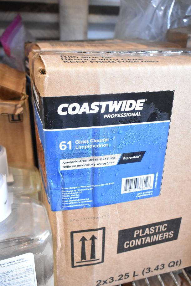 Cardboard box of Coastwide Professional Glass Cleaner. Label indicates ammonia-free, streak-free shine. Includes Coastwide pH Neutral Floor Cleaner. Box condition visible.