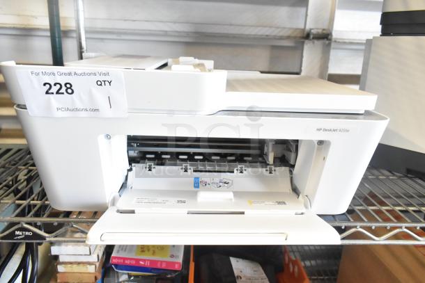 HP DeskJet 4255e Countertop Printer, Copier, Scanner, open tray, model label visible, good condition, auction label 228.