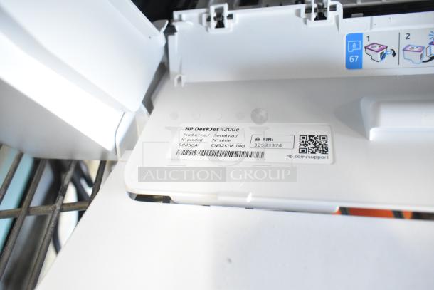 HP DeskJet 4255e printer with visible label showing model 4200e, product number 5B85A, PIN 32583374 for support.