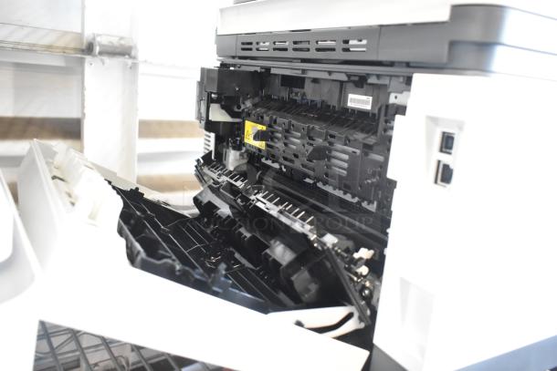2025 HP Countertop Printer with open panels, 110-127 Volts, 1 Phase, showing internal mechanisms and ports, good condition.