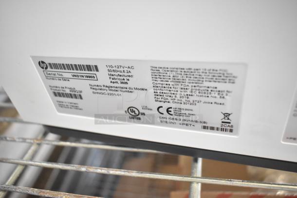 2025 HP Countertop Printer label showing 110-127 Volts, 1 Phase, serial number VND1N18903, manufactured April 2025.