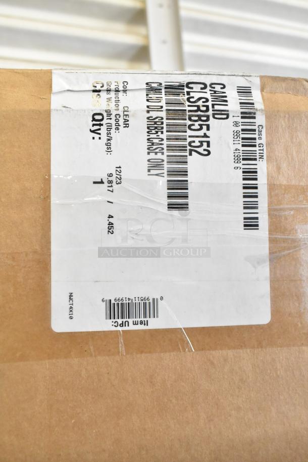 Clear dome lid for Cambro SRB5 bowls, model CLSRB5152. New with scratch and dent. Box label shows production info and UPC.