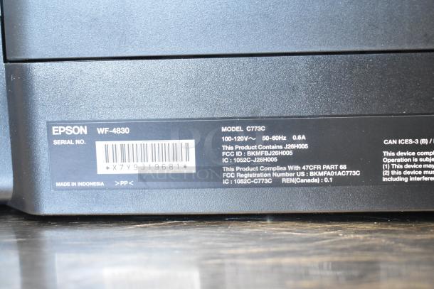 Epson WF-4830 printer label showing serial number X7Y9J19681, model C773C, FCC ID BKMFJ26H005, and Indonesian origin.