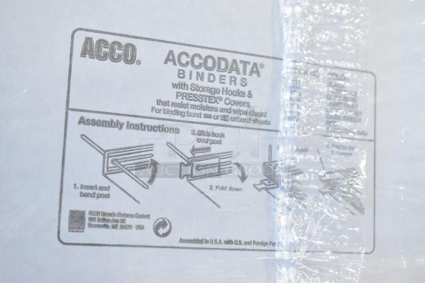 "Image of Acco Accodata binders packaging with visible assembly instructions and product details, wrapped in plastic."