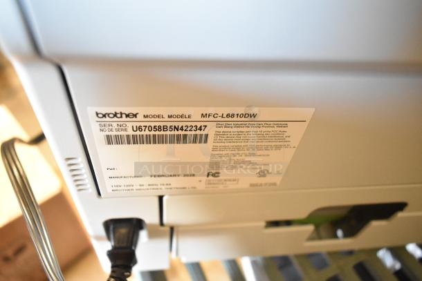 Brother MFC-L6810DW Countertop Printer; serial U67058B5N422347; manufactured February 2026; label details included.
