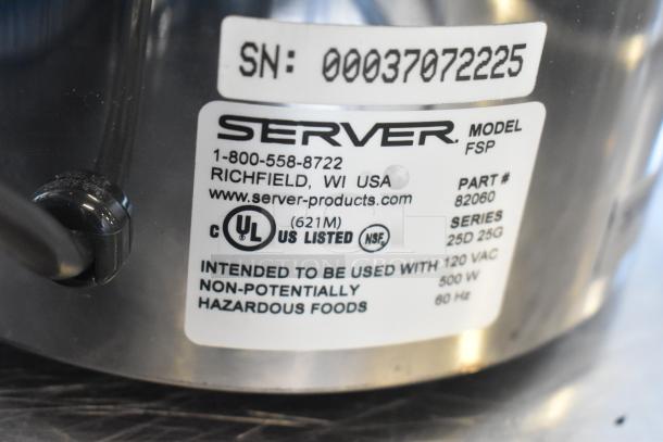 Server FSP stainless steel commercial countertop food warmer, 120 volts, model label showing UL, NSF listings, serial 00037072225.