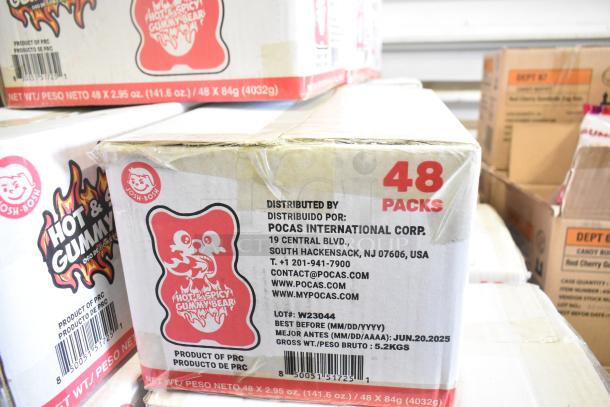 58 boxes of Pocas International Corp. Hot & Spicy Gummy Bears and Gumballs, 48 packs each, best before June 20, 2025.