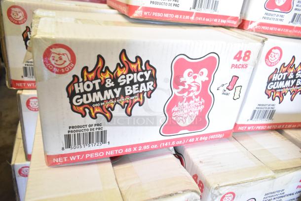 58 boxes of Josh Bosh Hot and Spicy Gummy Bears, 48 packs per box, net weight 141.6 oz. Product of PRC.