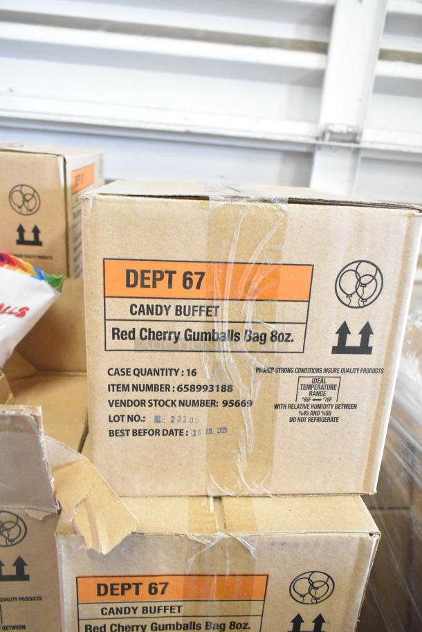 58 boxes of hot and spicy gummy bears and gumballs. Box label: Red Cherry Gumballs, 8oz, Dept 67, case quantity 16.