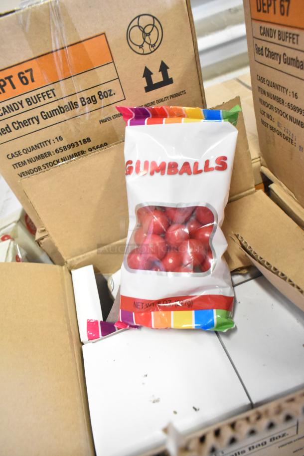 58 boxes of hot and spicy gummy bears and gumballs; 16-count Red Cherry Gumballs, 8oz bags, sealed in original packaging.