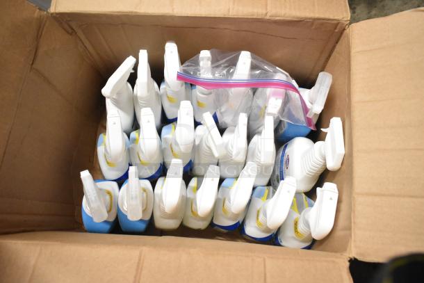 Box of multiple Clorox spray bottles, new condition, with plastic bags on top, ready for auction.