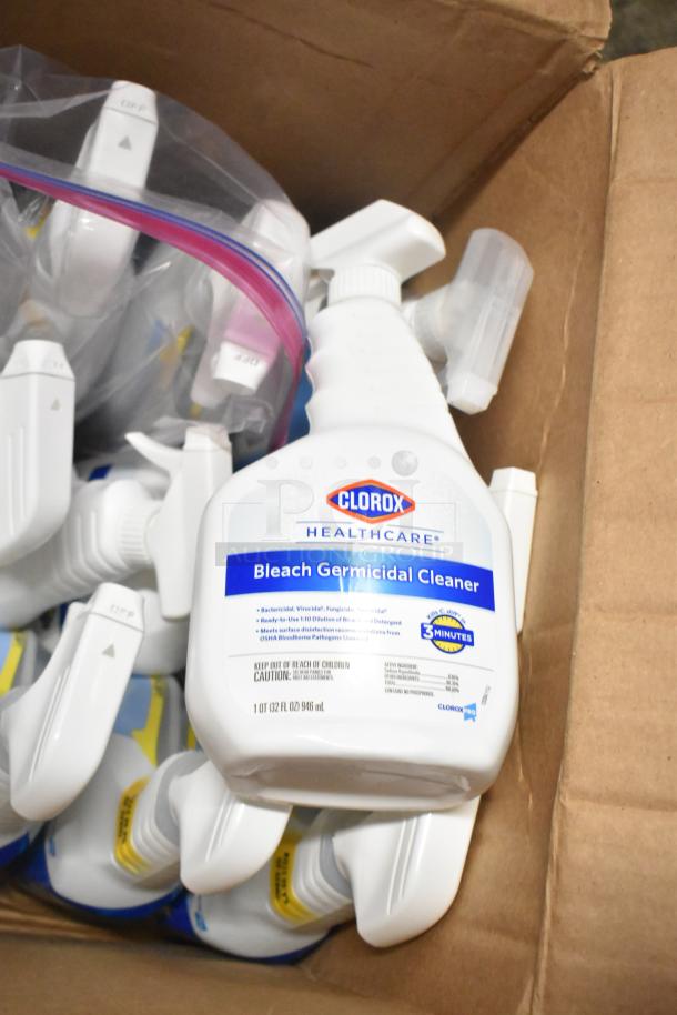 Cardboard box with multiple Clorox Healthcare Bleach Germicidal Cleaner spray bottles, each 32 fl oz, new condition.