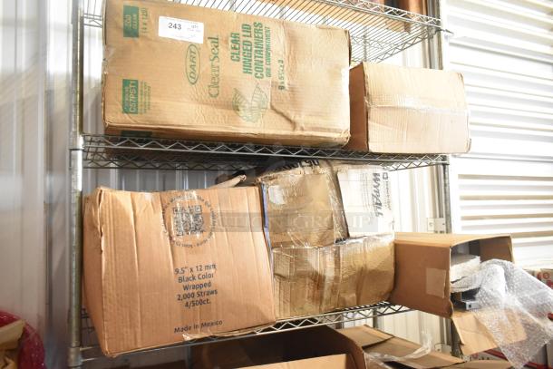 Two-tier shelf with various items, including boxes labeled "Dart ClearSeal" and "2,000 Straws," cardboard packaging, visible wear.