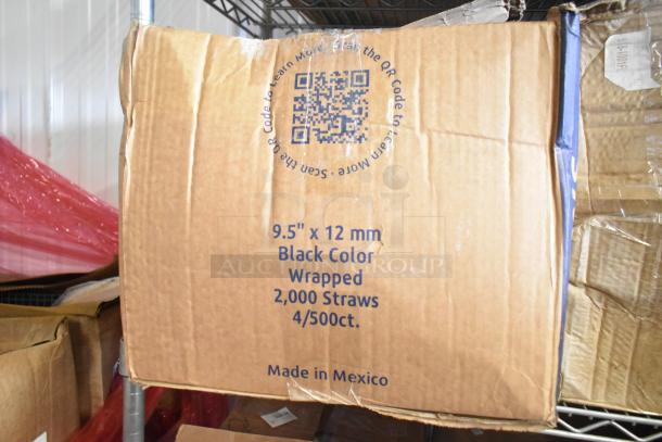 Cardboard box labeled "9.5" x 12 mm Black Color Wrapped 2,000 Straws, Made in Mexico," resting on a shelf.