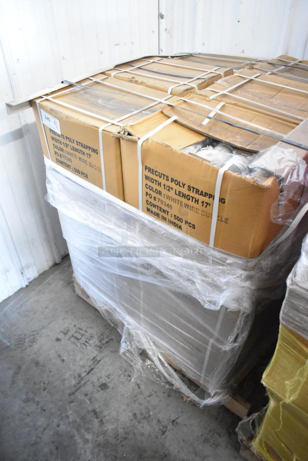 18 boxes of new scratch and dent poly strapping. 1/2" width, 17' length, 500 pcs each box. Color: white. Made in India.