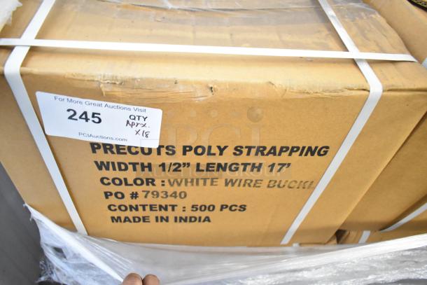 Cardboard box of poly strapping, width 1/2", length 17', white, 500 pcs; marked "Precuts," "Made in India," slight damage.
