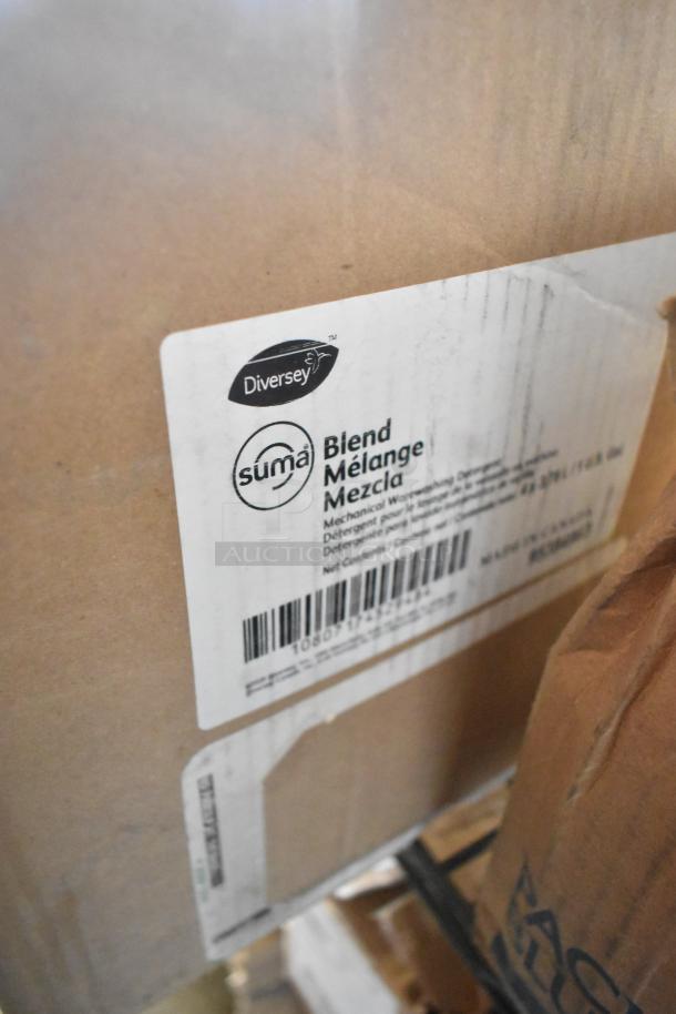 Three tiers of various boxes, including Gojo Green Hand and Body Wash and Diversey Suma Blend Warewashing Detergent. Labels visible.