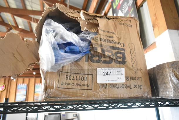 Three-tier lot of boxes, including Provon Handwash, Diversey Cleaner. Box marked with auction info, slightly worn.