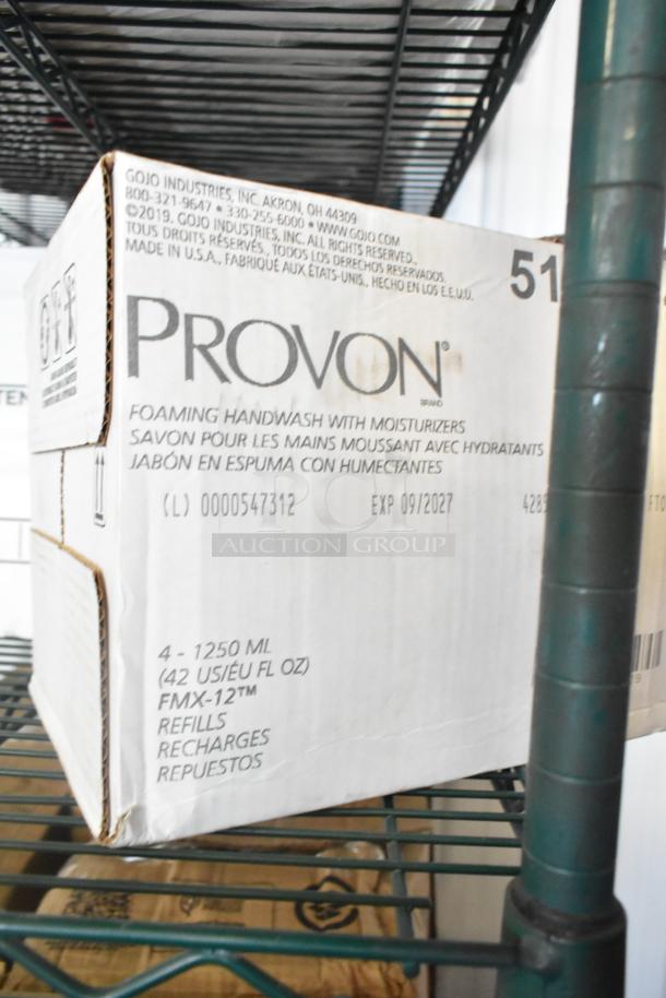 Three-tiered pallet with boxes including Provon Foaming Handwash and Diversey Cleaner. Provon box label: 4 refills, 1250 ml each, exp 09/2027.