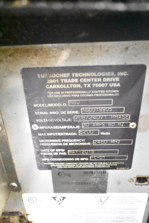 Turbochef NGO commercial countertop oven, electric, 208/240V, 1 phase, model NGO, serial NGOUT9905, May 2015.