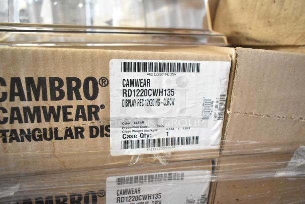 72 Cambro RD1220CWH135 hinged display covers, 12x20", clear/chrome, scratch and dent. New condition, case label visible.