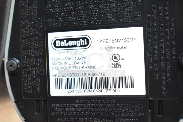 DeLonghi Nespresso VertuoPlus ENV150GY label, showing 120V, 60Hz, 1350W specs, made in Ukraine, UL listed.