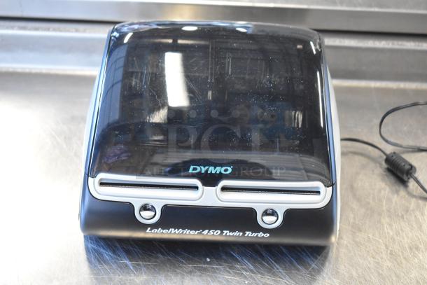 Dymo LabelWriter 450 Twin Turbo Label Printer in good condition, featuring dual label slots and glossy black casing.