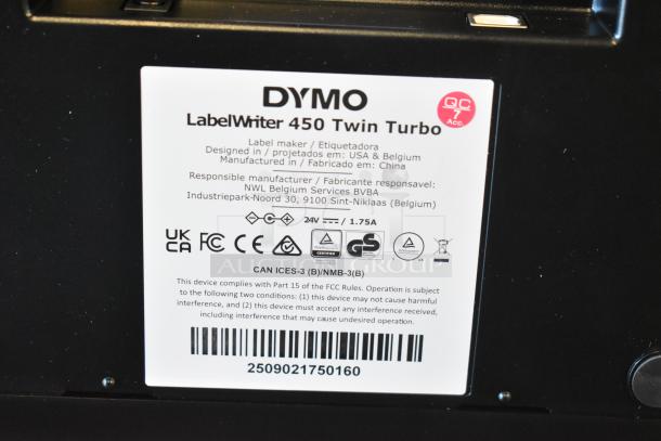 Dymo LabelWriter 450 Twin Turbo label printer. Label shows design origin USA & Belgium, made in China, with compliance symbols.