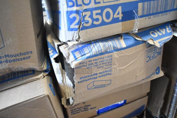 Nine assorted boxes including WIN1420B Centerpull Towels, Dixie Ultra 011100539 Towels. Some boxes show wear and tears.