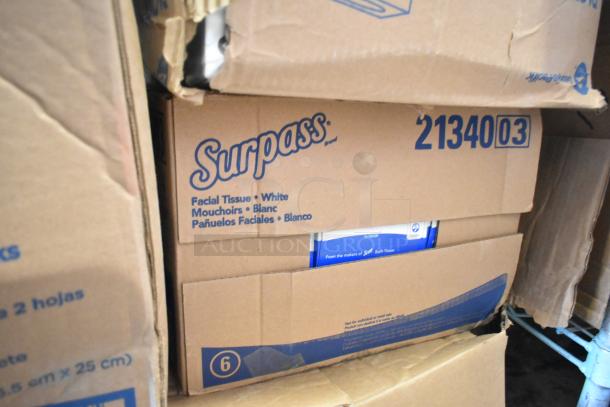 Nine assorted boxes including WIN1420B Centerpull Towels and Dixie Ultra 011100539 Towels. Visible labels indicate Surpass brand facial tissues in white. Boxes are in decent condition with minor wear.