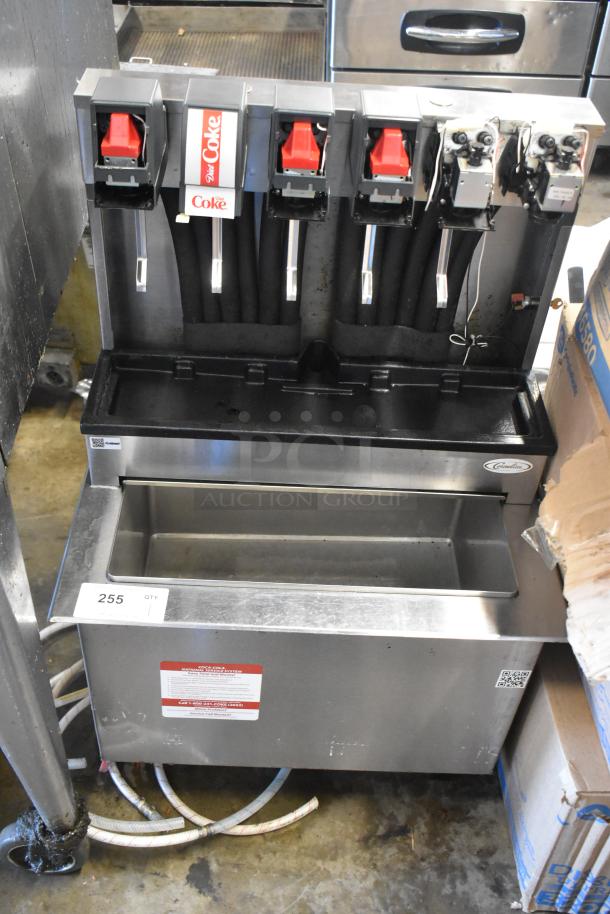 Stainless Steel 6-flavor beverage machine, Cornelius drop-in ice bin, 115V, commercial use. Features visible flavor labels.