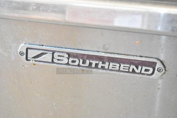 Southbend logo on stainless steel, from 2016 P36D-XX commercial gas range. Shows brand plate detail.