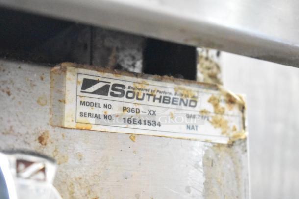 2016 Southbend P36D-XX commercial gas range label, showing model and serial number, with visible wear.