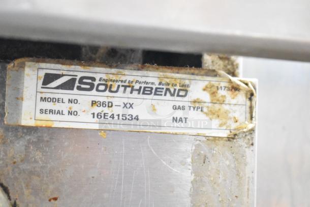 2016 Southbend P36D-XX stainless steel commercial 4 burner range with oven, natural gas, model and serial label visible.