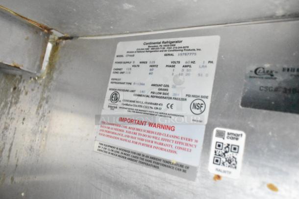Close-up of a Continental CPA68 label on a stainless steel prep table, showing specifications, certification marks, and warning label.