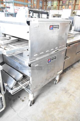 2 2021 Middleby Marshall PS638G Stainless Steel Commercial Natural Gas Powered Conveyor Pizza Ovens on Commercial Casters. 89,000 BTU. 2 Times Your Bid! - Item #1226919