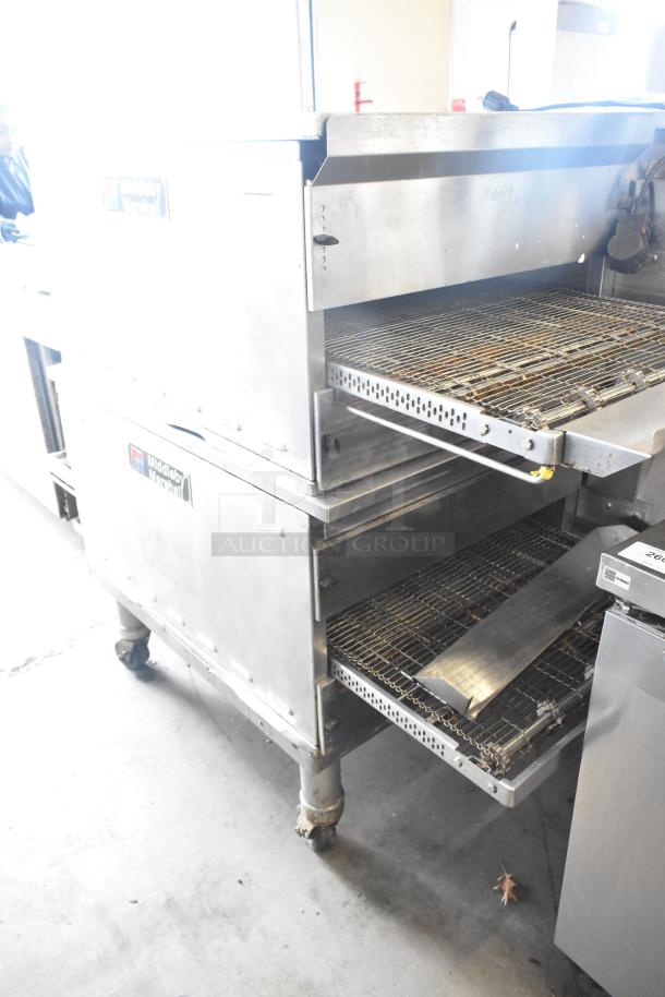 Pair of 2021 Middleby Marshall PS638G stainless steel conveyor pizza ovens on casters. Natural gas, 89,000 BTU, commercial grade.